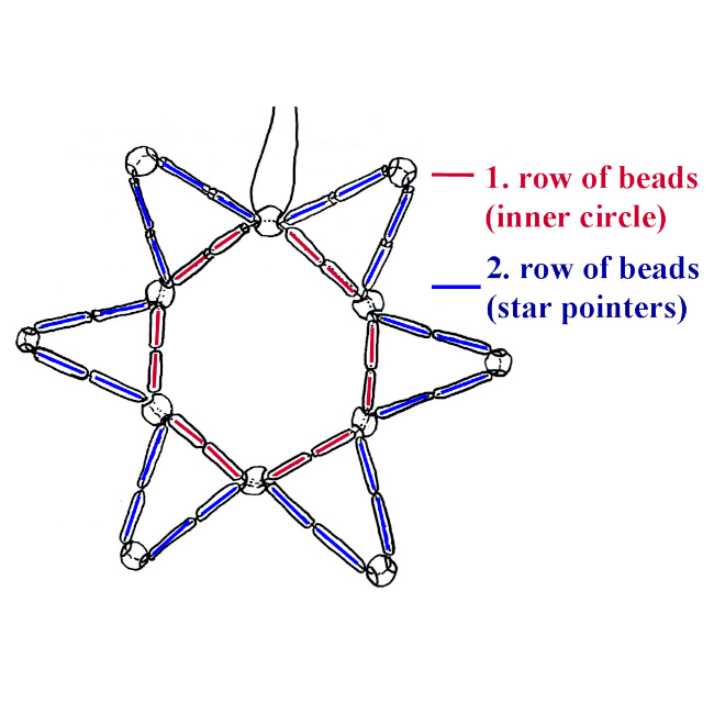 Handmade six-pointed bead star made with round beads, tube beads and wire