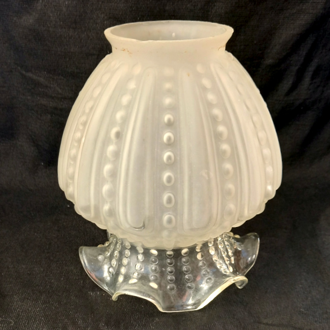 Vintage lamp shade with frosted white glass top, raised beaded pattern and clear glass scalloped base.