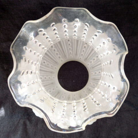 Vintage lamp shade with frosted white glass top, raised beaded pattern and clear glass scalloped base.
