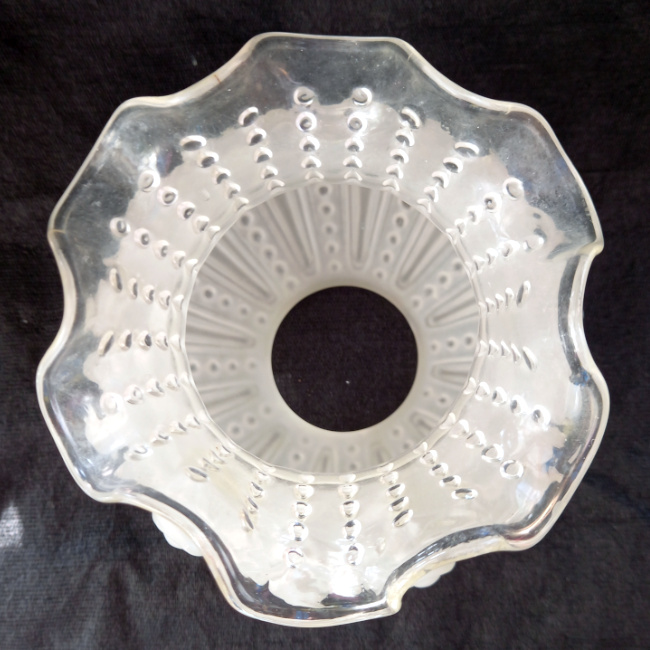 Vintage lamp shade with frosted white glass top, raised beaded pattern and clear glass scalloped base.