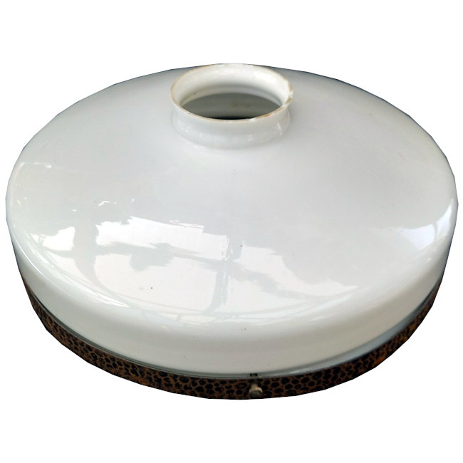 1920s white milk glass lamp shade with patterned copper-tone band, 340mm diameter
