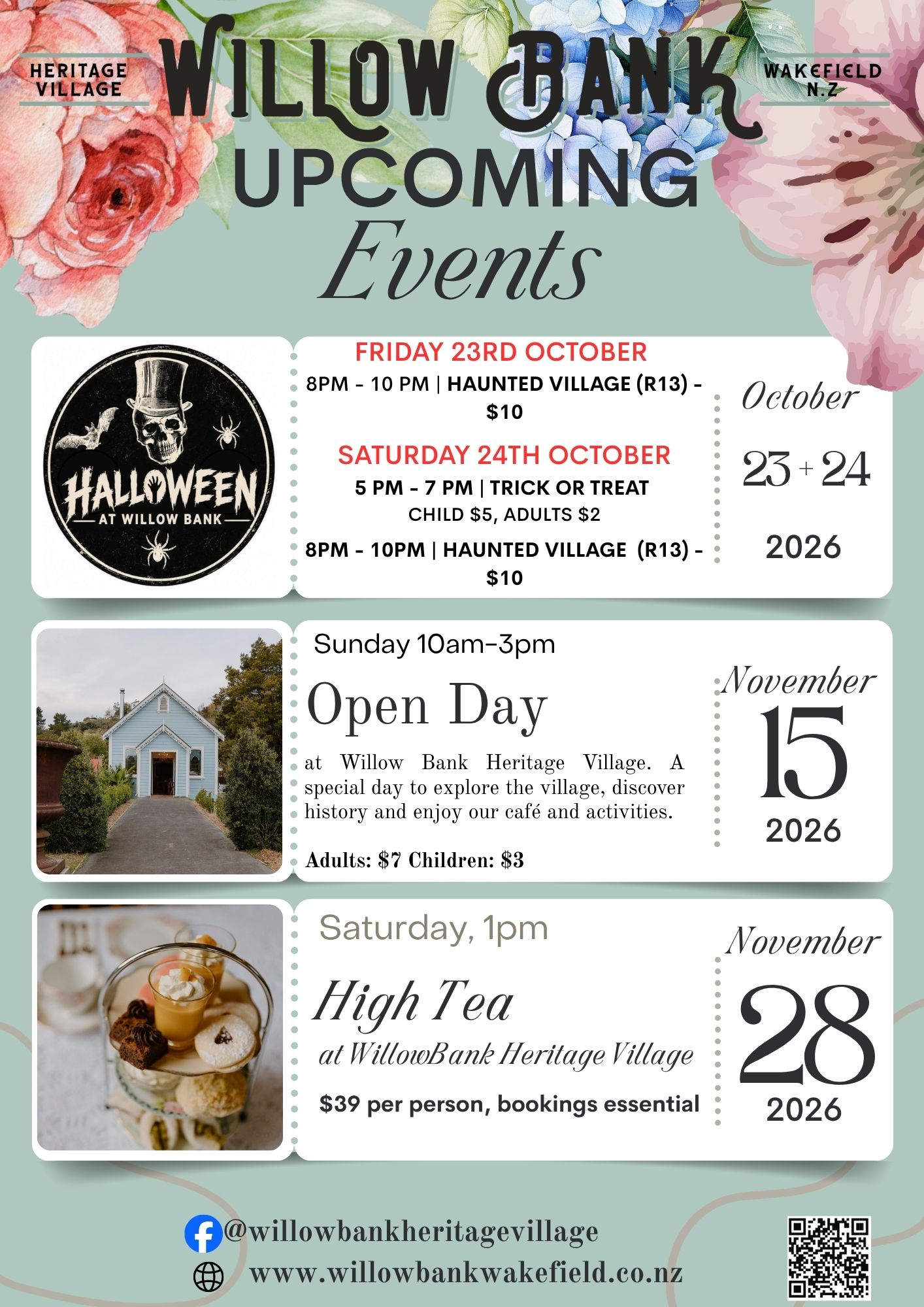 Willow Bank Heritage Village upcoming events poster featuring Halloween 23 & 24 October, Open Day on 15 November, and High Tea on 28 November.